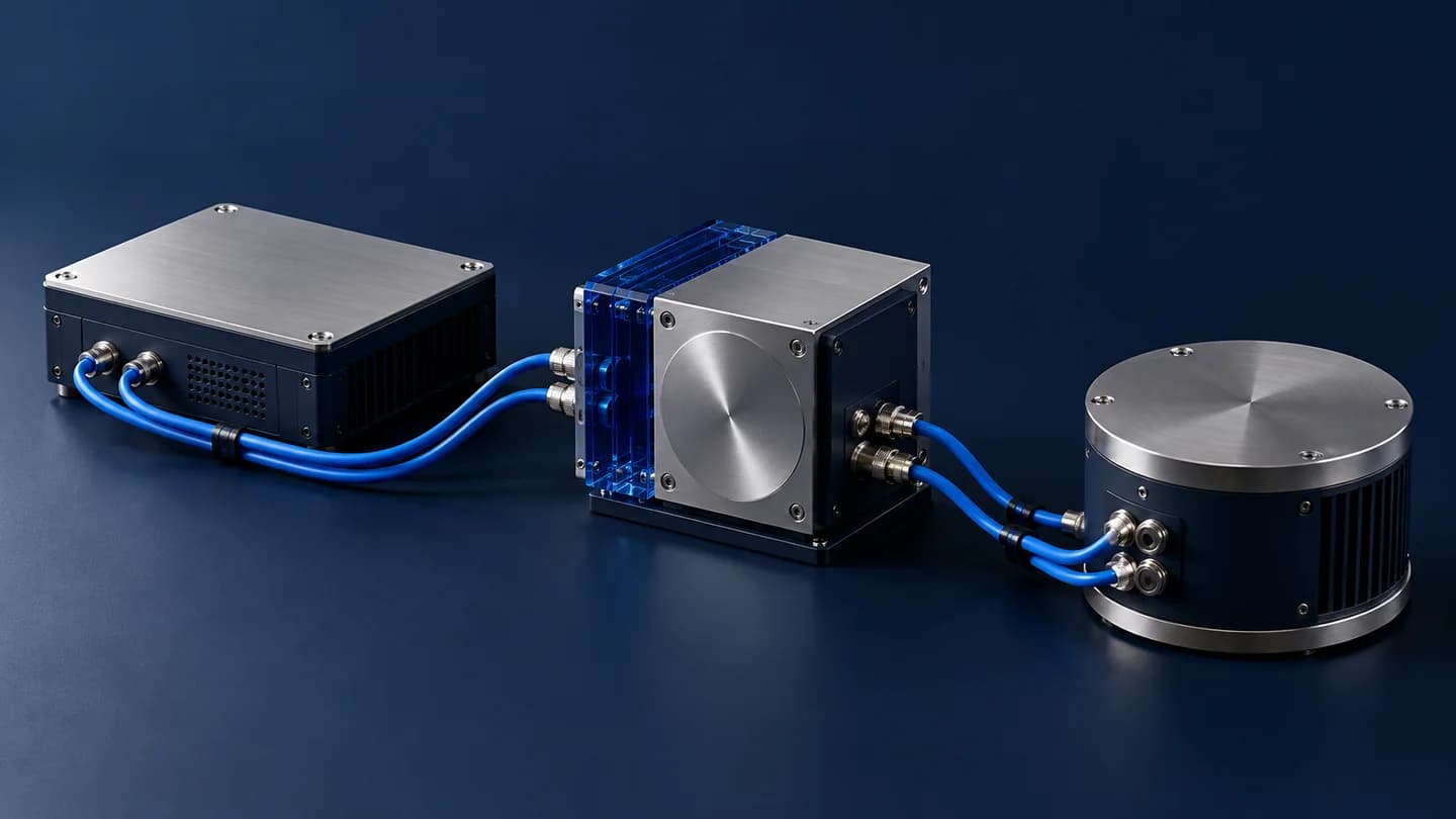 Conceptual illustration of three metal modules connected with blue cables.