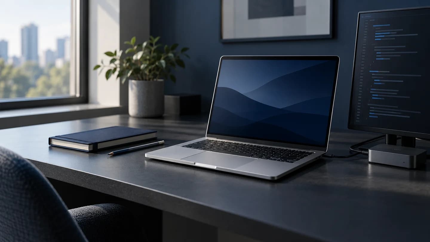 Illustrative engineering workspace with a laptop, monitor and notebook on a dark desk.